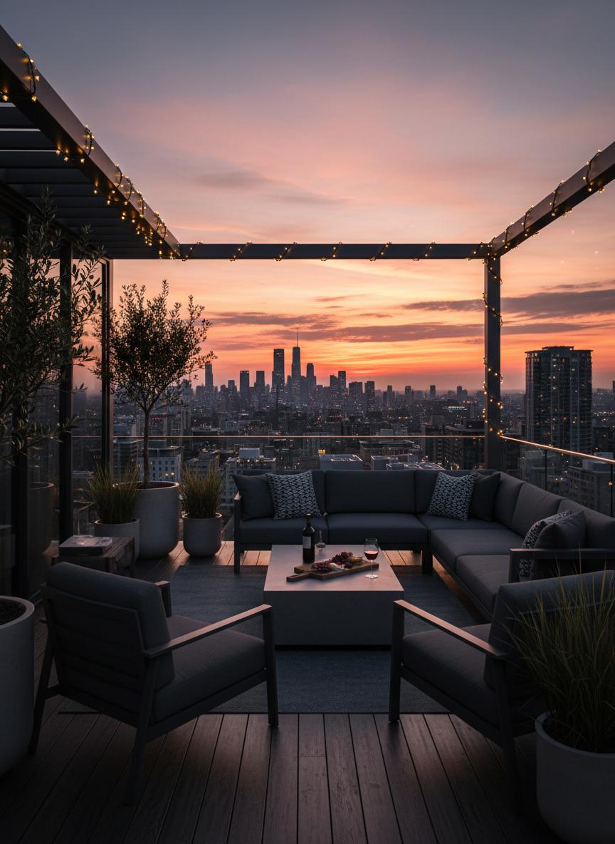 Penthouse balcony with city views